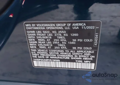 2023 Volkswagen Atlas 2.0T Se из США, поврежденный, VIN 1V2DP2CA8PC518099